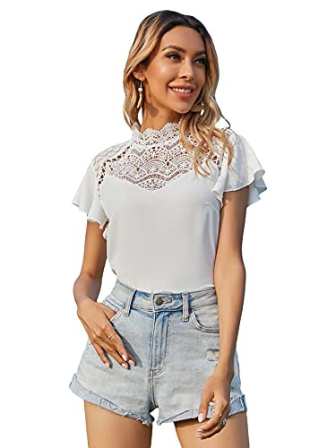 Romwe Women's Ruffle Flutter Short Sleeve Lace Mock Neck Solid Blouse Tops White M