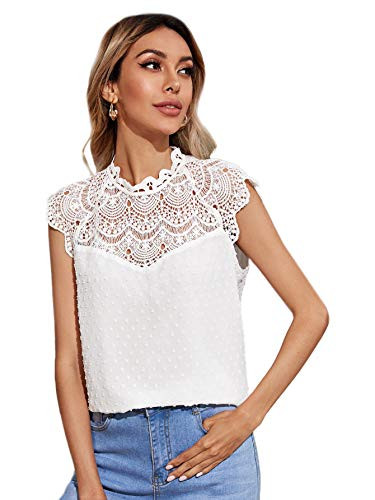 Romwe Women's Contrast Lace Cap Sleeve Mock Neck Mesh Work Blouse Tops White M