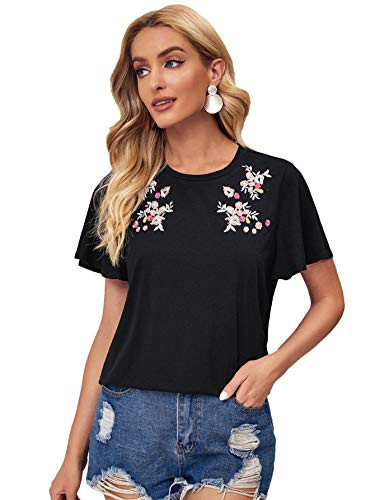 Romwe Women's Floral Embroidery Flutter Short Sleeve Round Neck T Shirt Tee Tops Black M