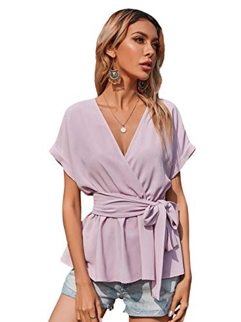 Romwe Women's Elegant Short Sleeve Wrap V Neck Belted Ruffle Peplum Tops Blouse Lilac Purple L