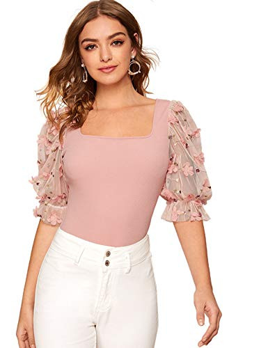 Romwe Women's Contrast Mesh Short Sleeve Appliques Square Neck Slim Fit Blouse Tops Dusty Pink Large