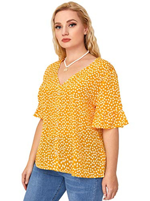 SOLY HUX Women's Plus Size Ditsy Floral V Neck Ruffle Sleeve Button Front Top Blouse Yellow 0XL