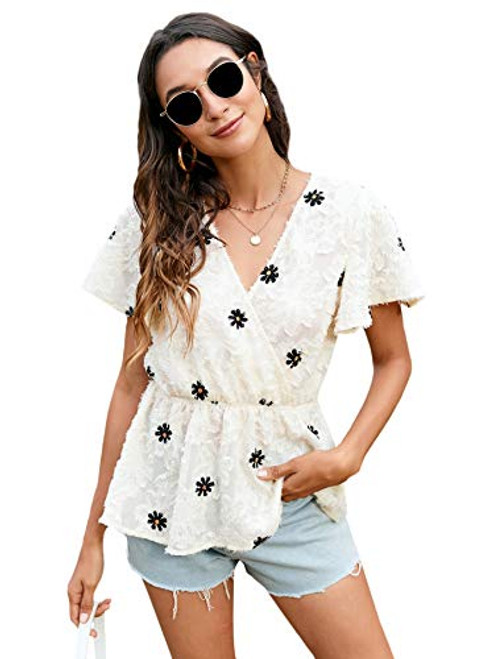 SOLY HUX Women's Floral Surplice V Neck Short Sleeve Peplum Ruffle Top Blouse Beige S