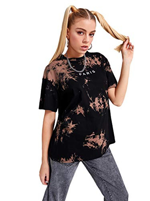 SOLY HUX Women's Tie Dye Short Sleeve Tee Casual Letter Print T Shirt Top Black M