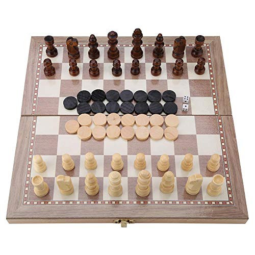 GLOGLOW 3-in-1 Wooden Folding Chess- Chess Checkers Backgammo Folding Board Wooden Chess Checkers Board Game Portable Travel Tabletop Game Toy