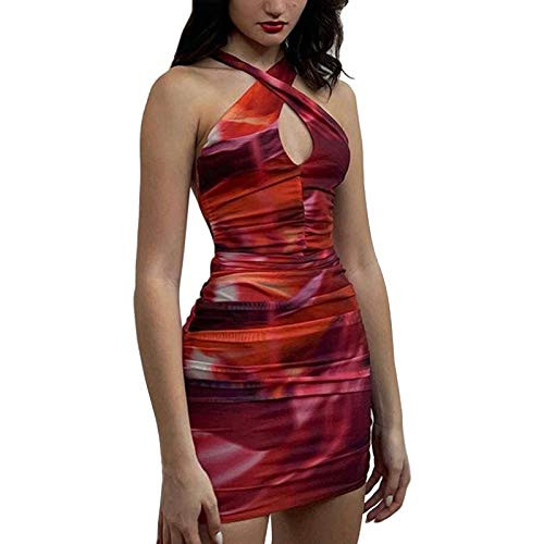 Sexy Halter Neck Sleeveless Backless Dress Bandage Cut Out Criss Cross Wrap Mini Dresses Y2K Club Party Night Streetwear-Orange-M-