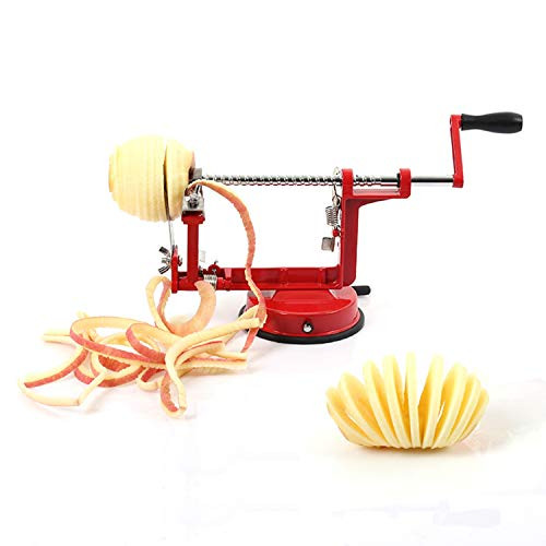 Apple Peeler ULIOLI Apple Corer Slicer Peeler 3 in 1 Spiralizer with Stainless Steel Blades- Heavy Duty Hand-Cranking Potato Peeler with Suction Base- Red