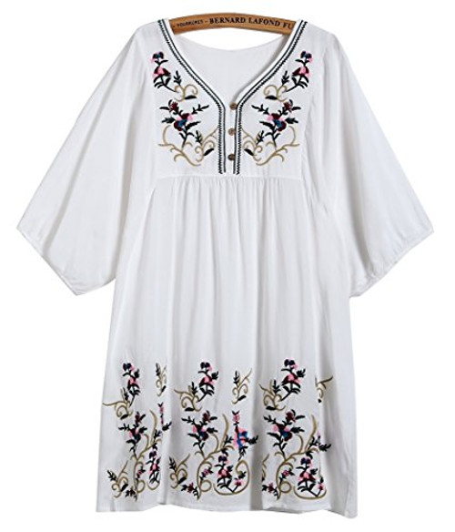 Kafeimali Women's T-Shirt Tunic Dresses Mexican Embroidered Peasant Tops Blouses -White-