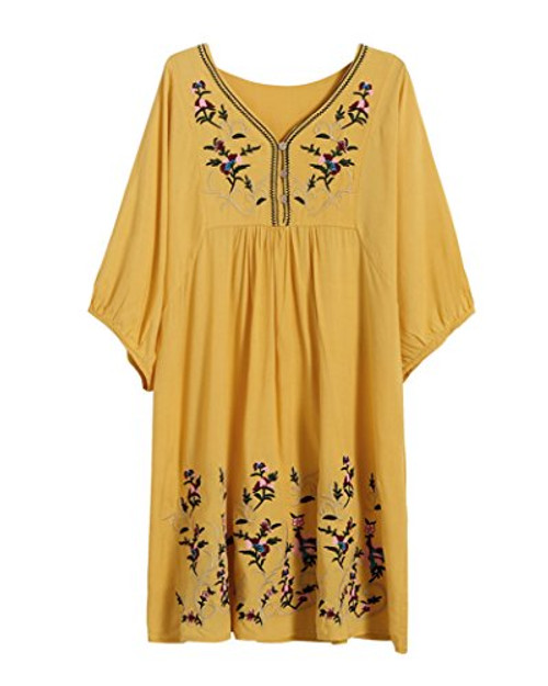 Kafeimali Women's T-Shirt Tunic Dresses Mexican Embroidered Peasant Tops Blouses -Yellow-