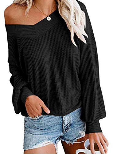 UGET Women's V Neck Long Sleeve Waffle Knit Top Off Shoulder Oversized Pullover Slouchy Sweater Black Large