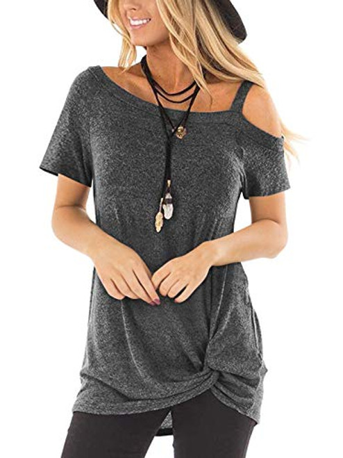 SHIBEVER Women's Cold Shoulder T Shirts Short Sleeve Twist Knot Tunics Tops Summer Front Twist Blouses S-15XL Dark Grey XL SHIBEVER Women's Cold Shoulder T Shirts Short Sleeve Twist Knot Tunics Tops Summer Front Twist Blouses S-15XL Dark Grey XL