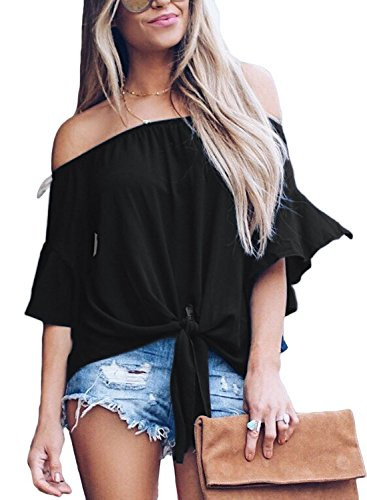 Womens Solid Bell Sleeve Off Shoulder Blouse Tops Front Tie Knot Shirt -Black-s-