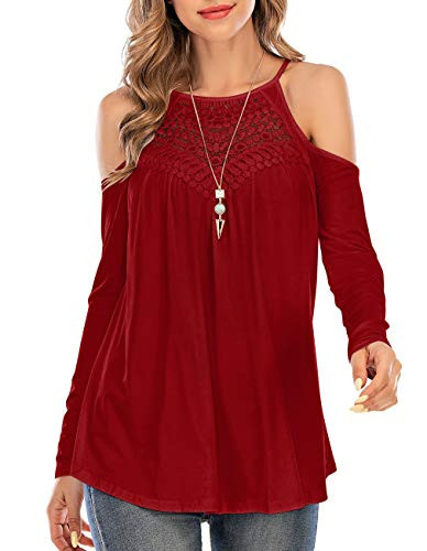 Womens Casual Long Sleeve Tops Flowy Lace Loose Cold Shoulder Blouse T-Shirts -M-Wine-