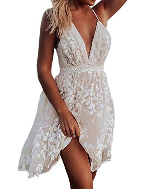 Michellecmm Womens Summer V-Neck Spaghetti Strap Sleeveless Bowknot Backless Lace Mini Swing Dress -1 White A- L- Michellecmm Womens Summer V-Neck Spaghetti Strap Sleeveless Bowknot Backless Lace Mini Swing Dress -1 White A- L-