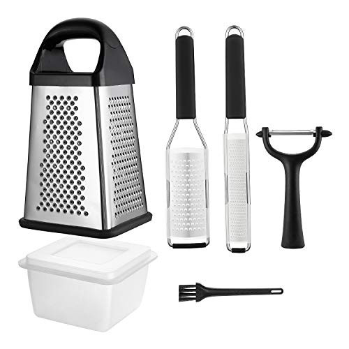5-Piece Grater Set with 4-Sided Stainless Steel Box Grater-Set of 2 Grinders- Fruit and Vegetable Y-Peeler-and Cleaning Brush for Parmesan Cheese- Ginger-Lemon-Garlic-Nutmeg-Chocolate-Vegetables and Fruit