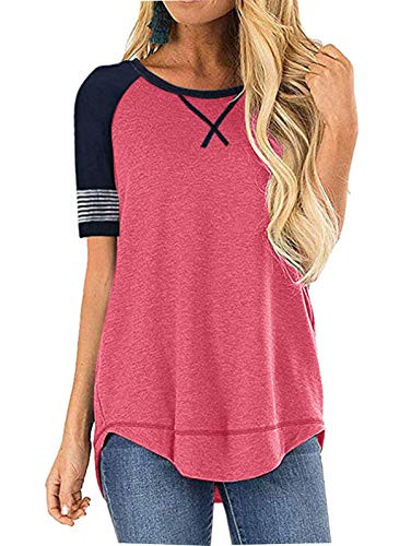 Women's Tops Round Neck Short Sleeve Casual Tunic Shirts Side Split Loose fit Color Block Tunic Blouse Pink M