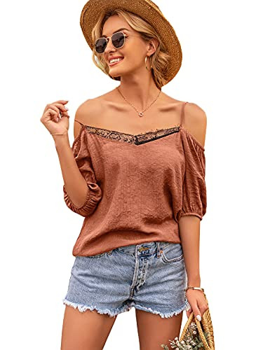 Ouzhiya Women's Short Sleeve Cold Shoulder Casual Tshirt Blouse Sexy Tunic Top Brown