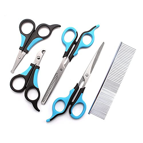 5PCS Pet Grooming Scissors Set for Dog and Cat- Including Thinning Shear- Straight Cutting Scissor- Ocular Region Trimmer- Nail Clip and Grooming Comb 5PCS Pet Grooming Scissors Set for Dog and Cat- Including Thinning Shear- Straight Cutting Scissor- Ocular Region Trimmer- Nail Clip and Grooming Comb
