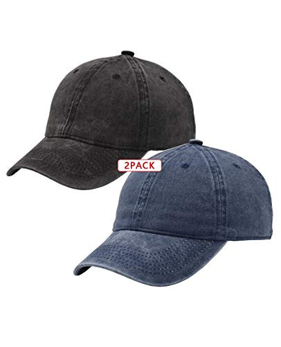 TSSGBL 2Pack Vintage Washed Denim Low Profile Plain Baseball Caps for Men  and  Women- Solid Classic Dad Hat Black-Navy