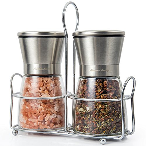 Salt and Pepper Grinder Set with Stand Premium Stainless Steel Salt and Pepper Shakers with Ceramic Spice Grinder Mill for Adjustable Coarseness