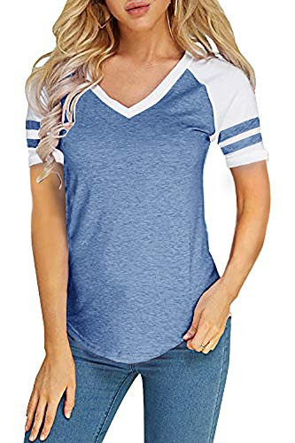 Foshow Womens Baseball Raglan Color Block T-Shirts Summer Short Long Sleeve V Neck Tees Jersey Casual Blouses Tops Blue