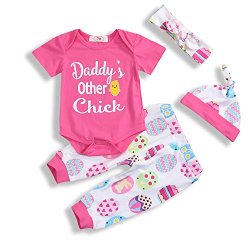 4Pcs Baby Girl Easter Outfits Sets Daddy's Other Chick Easter Egg Easter Chick Print Romper Pants Hat Headband 0-18M -Pink- 0-3 Months-
