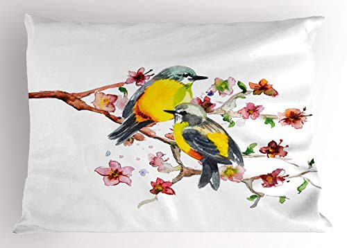 Ambesonne Nature Pillow Sham- Watercolor Style Effect Drawing of Birds on The Branches and Flowers Print- Decorative Standard Queen Size Printed Pillowcase- 30inch X 20inch- Brown and Yellow