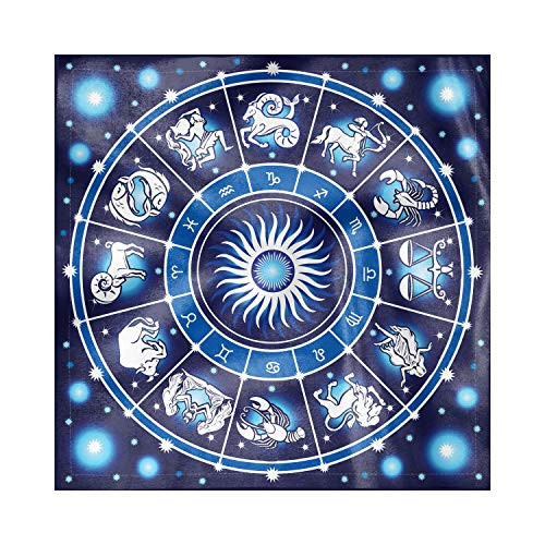 Lunarable Zodiac Decorative Satin Napkins Set of 4- Illustration of Astrology Signs in Circle Chart with Stars Birth Fortune Artwork- Square Printed Party  and  Dinner Napkin- 12inch x 12inch- Blue White