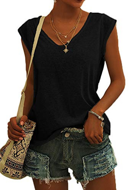 Langwyqu Womens Cap Sleeve T-Shirt Casual Loose Fit Tank Tops Black