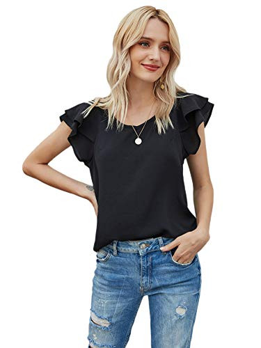 SheIn Women's Butterfly Ruffle Short Sleeve Tops V Neck Solid Blouse Shirts Black Small