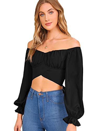 Romwe Women's Off Shoulder Ruched Bust Long Sleeve Knot Back Sexy Crop Blouse Tops Black S