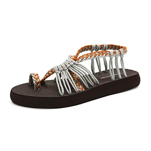 DREAM PAIRS Women's Grey Orange Flat Sandals Summer Braided Strap Yoga Comfortable Beach Sandals Size 9 M US Athena_10