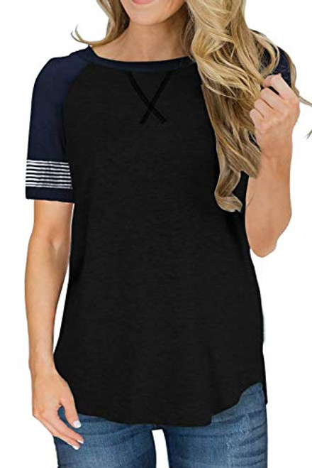 ANFTFH Women Short Sleeve Shirt Blouse Color Block Round Neck Tunic Tops Casual Black M ANFTFH Women Short Sleeve Shirt Blouse Color Block Round Neck Tunic Tops Casual Black M