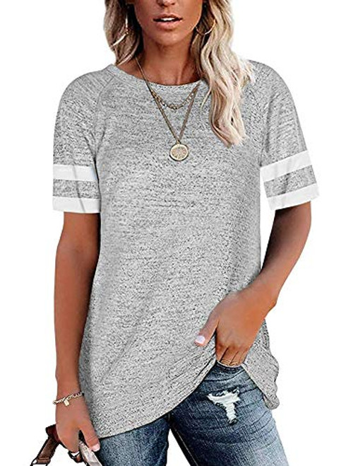 ANFTFH Womens Short Sleeve T Shirts Loose Tunic Tops Crewneck Color Block Casual Tee Shirts Blouses Gray Light S