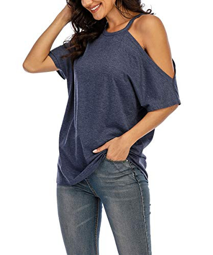 COCAOA Women's Short Sleeve Cold Shoulder Casual Tshirt Blouse Sexy Tunic Top Blue