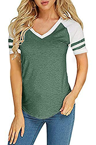 Foshow Womens Baseball Raglan Color Block T-Shirts Summer Short Long Sleeve V Neck Tees Jersey Casual Blouses Tops Army Green