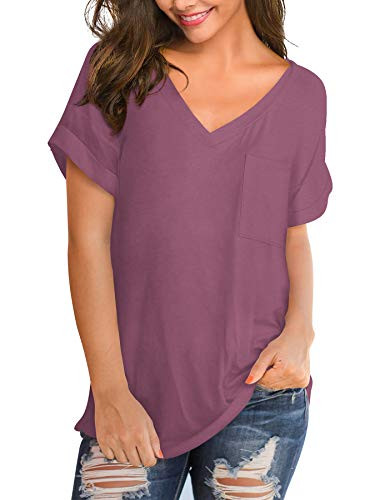 DittyandVibe Womens V-Neck T-Shirts Summer Casual Short Sleeve Tops with Pocket Dark Purple XL