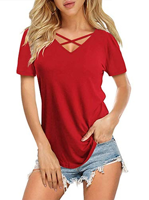 DittyandVibe Women's V Neck T Shirt Short Sleeve Summer Loose Casual Tops- Red- 2X-Large DittyandVibe Women's V Neck T Shirt Short Sleeve Summer Loose Casual Tops- Red- 2X-Large