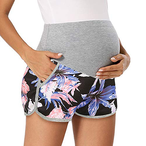 PACBREEZE Women's Maternity Shorts Pregnancy Lounge Yoga Workout Running Athletic Over The Belly Shorts-Black Pink Patterned- X-Large- PACBREEZE Women's Maternity Shorts Pregnancy Lounge Yoga Workout Running Athletic Over The Belly Shorts-Black Pink Patterned- X-Large-
