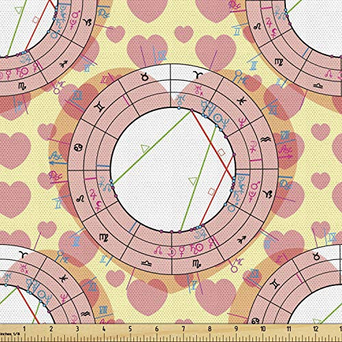 Ambesonne Astrology Fabric by The Yard- Sacred Geometry Love Synastry Natal Chart Zodiac Signs with Hearts- Decorative Fabric for Upholstery and Home Accents- 1 Yard- Coral Pale Yellow White