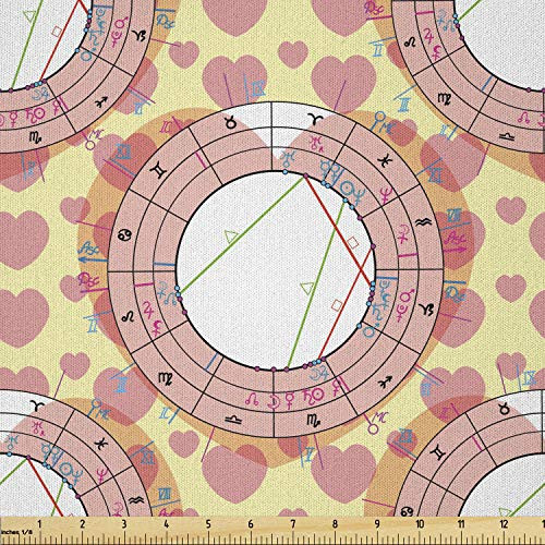 Ambesonne Astrology Fabric by The Yard- Sacred Geometry Love Synastry Natal Chart Zodiac Signs with Hearts- Microfiber Fabric for Arts and Crafts Textiles  and  Decor- 1 Yard- Coral Pale Yellow White
