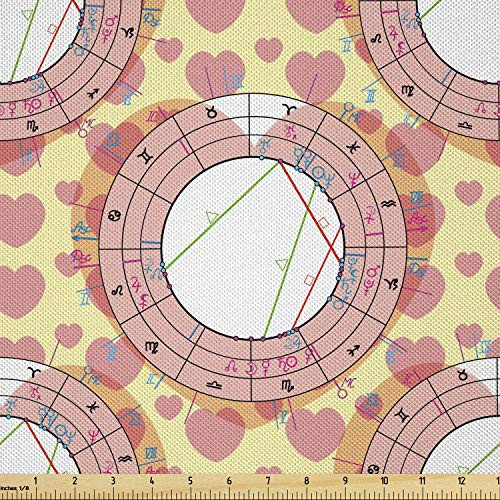 Ambesonne Astrology Fabric by The Yard- Sacred Geometry Love Synastry Natal Chart Zodiac Signs with Hearts- Decorative Satin Fabric for Home Textiles and Crafts- 1 Yards- Coral Pale Yellow White