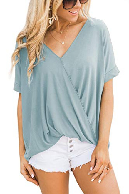 iGENJUN Women's Short Sleeve V Neck T Shirt Loose Fit Casual Summer Tops-Light Blue-L