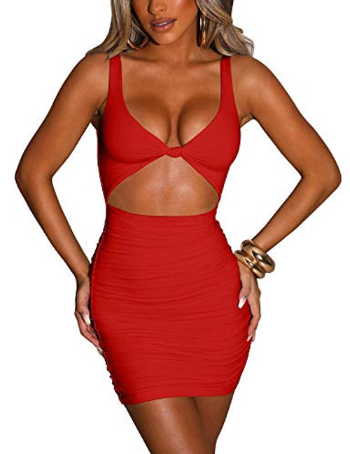 Kaximil Women's Sexy Bodycon Sleeveless Cut Out Ruched Tank Mini Club Party Dresses- Small- Red