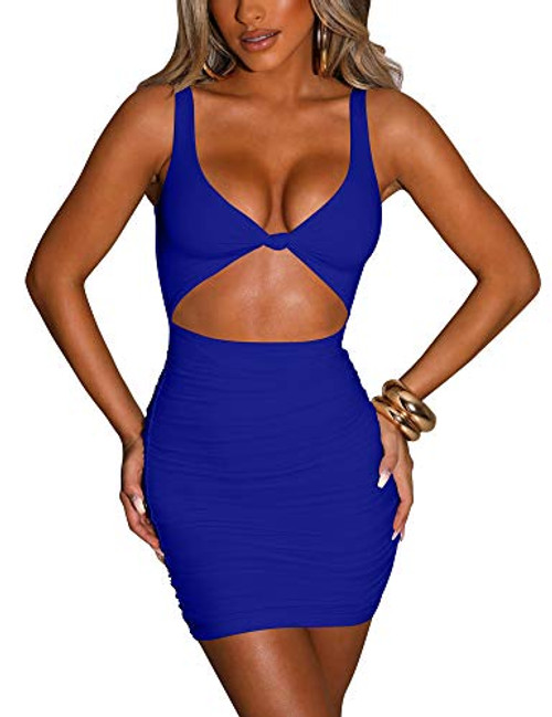 Kaximil Women's Sexy Bodycon Sleeveless Cut Out Ruched Tank Mini Club Party Dresses- Small- Royal Blue Kaximil Women's Sexy Bodycon Sleeveless Cut Out Ruched Tank Mini Club Party Dresses- Small- Royal Blue