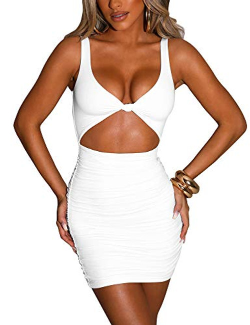 Kaximil Women's Sexy Bodycon Sleeveless Cut Out Ruched Tank Mini Club Party Dresses- Small- White