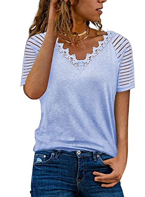 HOTAPEI Women Ladies Short Sleeve Shirt Summer Mesh Lace V Neck Top Pullover for Daily Casual Tee Blouses Sky Blue XX-Large HOTAPEI Women Ladies Short Sleeve Shirt Summer Mesh Lace V Neck Top Pullover for Daily Casual Tee Blouses Sky Blue XX-Large
