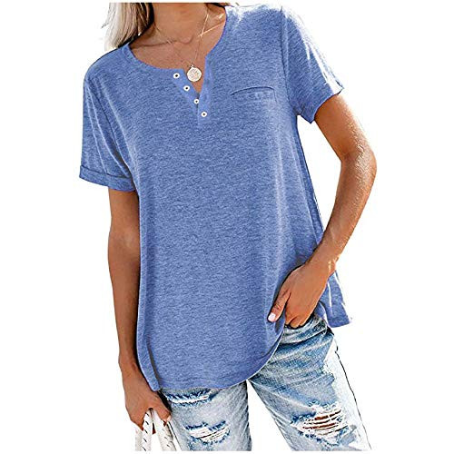 Womens T Shirts Basic V Neck Tee Loose Fitting Casual Short Sleeve Tops -Blue- XX-Large-