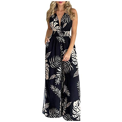 Women Maxi Long Dresses Jumpsuit Sleeveless Halter Floral V Neck Dress Summer Beach Vacation Casual Sundresses