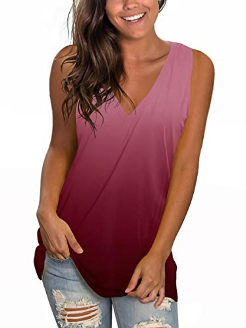 SAMPEEL Womons Tank Tops Sleeveless Basic Tees Cute Deep V Neck Tshirts Hi-Lo Hem Wine M